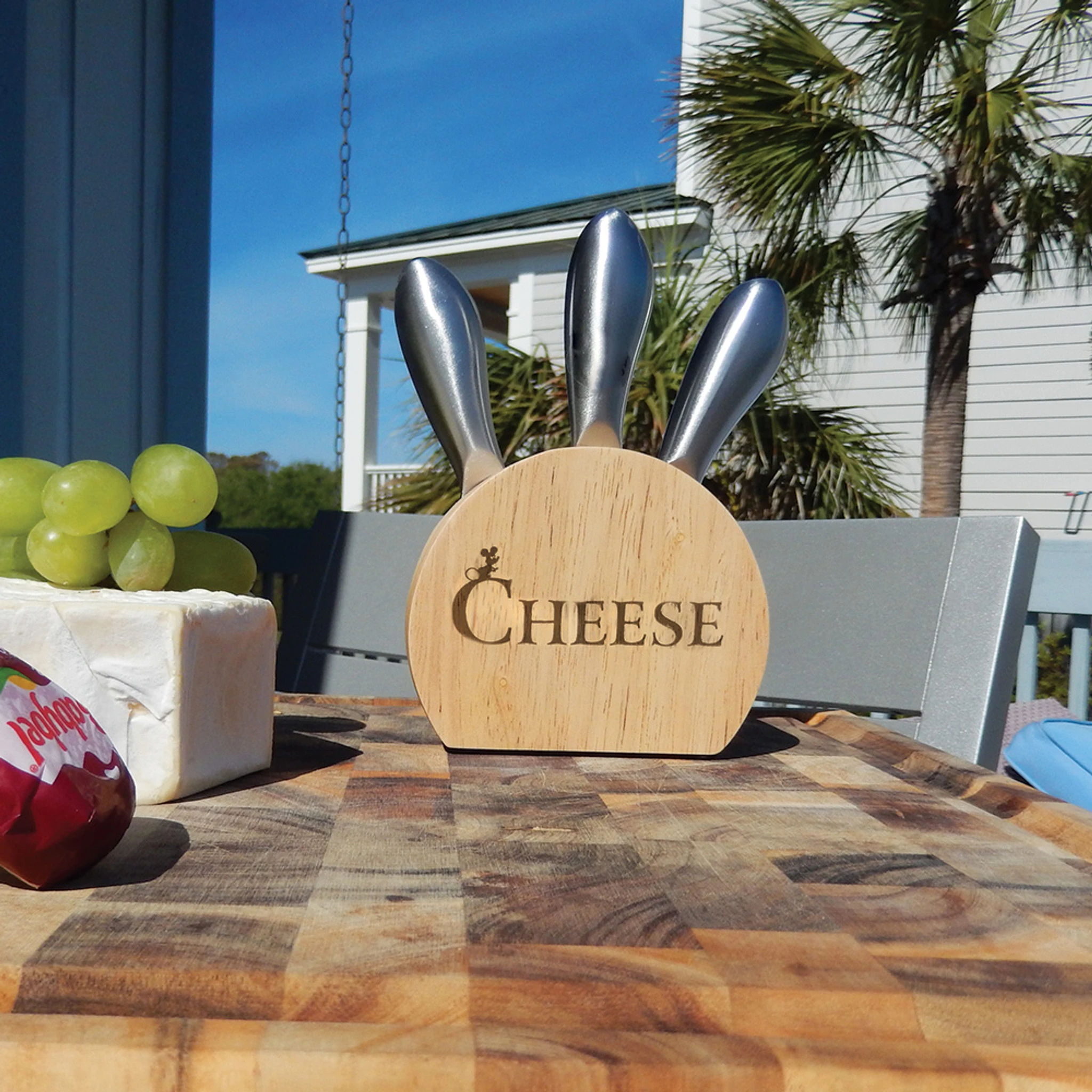 Personalized Wooden Cheese Block Set With Metal Utensils 1 Personalized Wooden Cheese Block Set With Metal Utensils